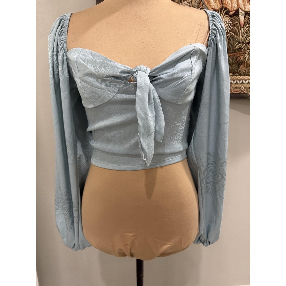 IN THE STYLE Blouse Womens 6 Blue Floral Off Shoulder Balloon Sleeve Crop Satin
